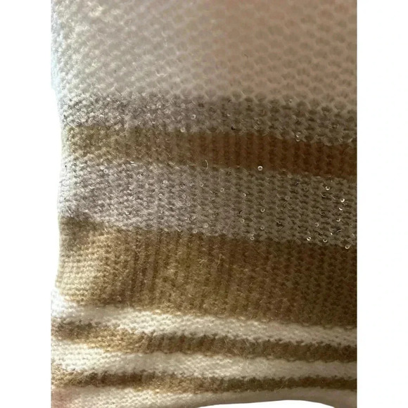 Cynthia Rowley Size M Sequin Accent Striped Tan White Knit Acrylic Blend Sweater - Picture 5 of 5